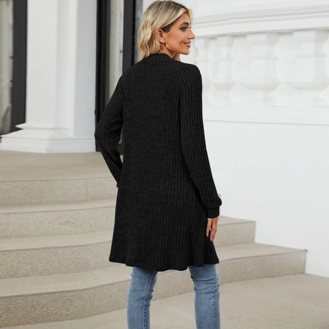GR | Lange Strickjacken Damen Gerippte Offene Vorderseite Jacke mit Taschen