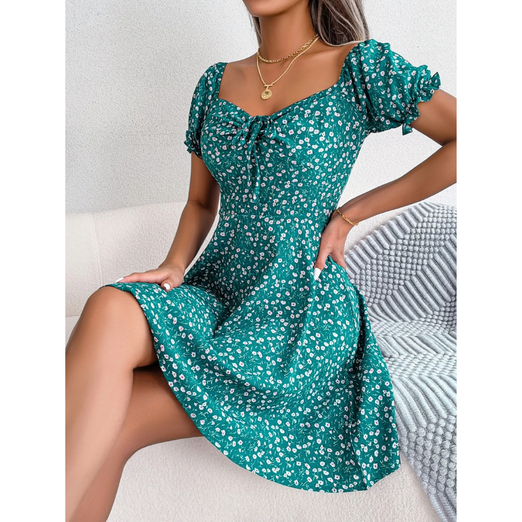 GR | Summer dress with floral puff sleeves for women