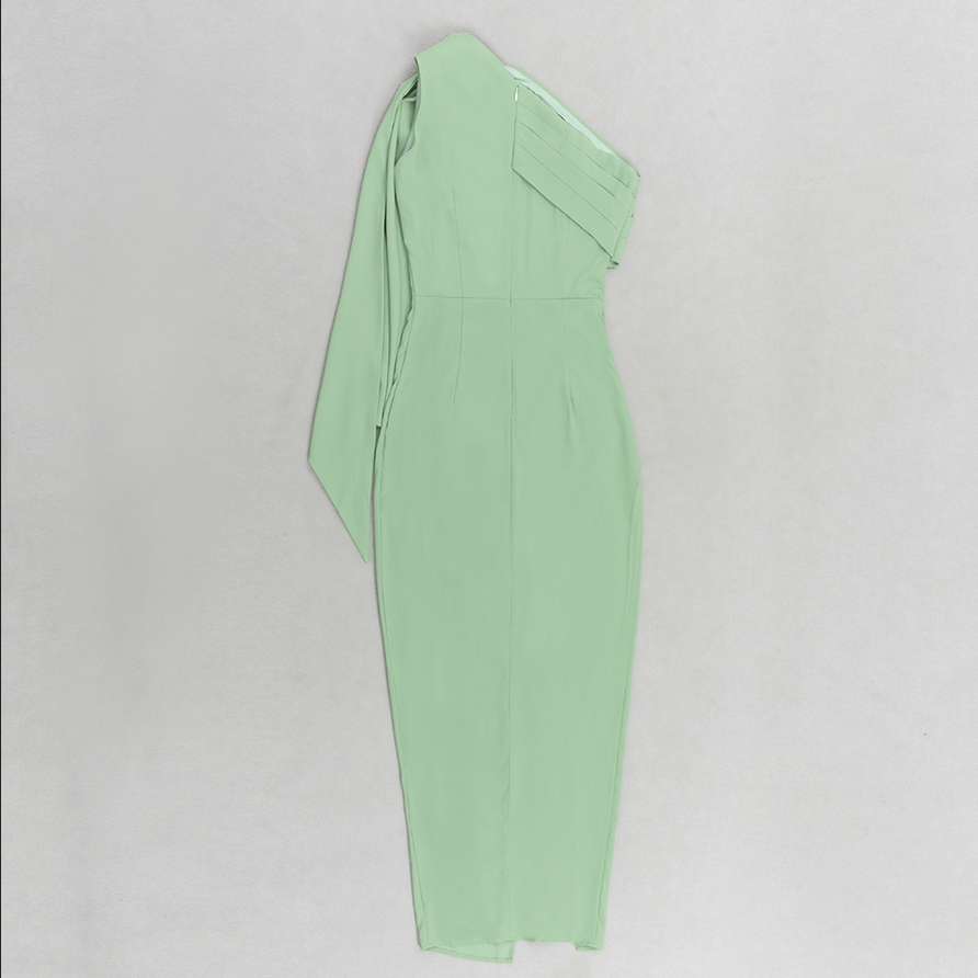 Asymmetrical, figure-hugging midi dress with draping detail | Green