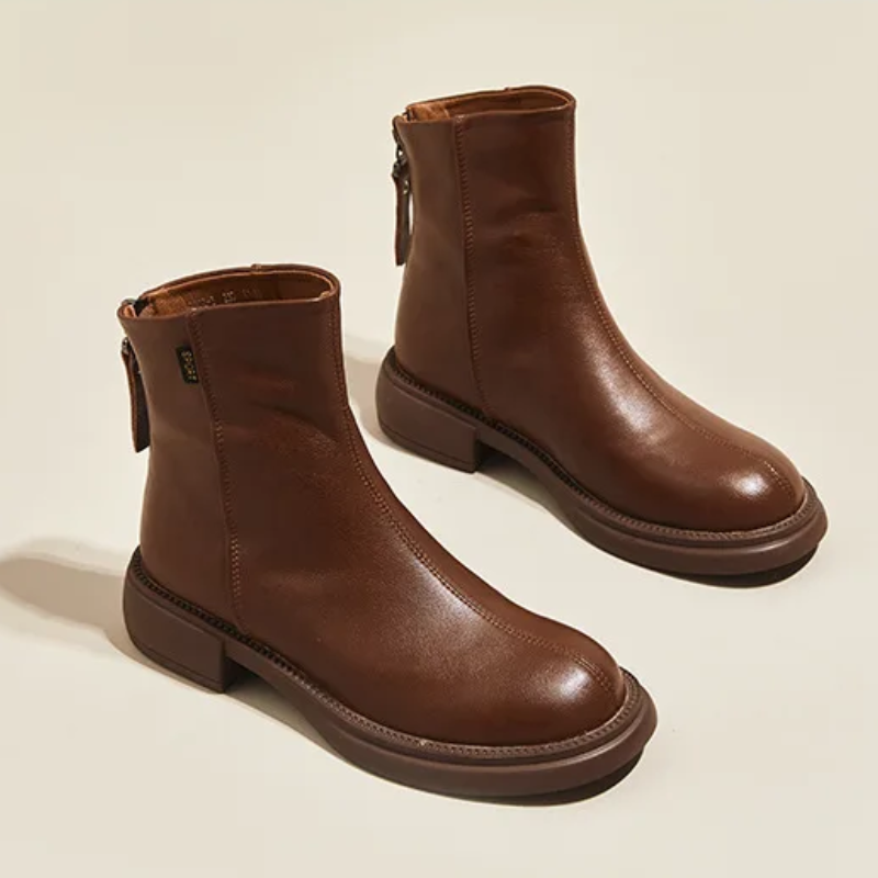 GR | Women's Leather Ankle Boots with Back Zipper and Low Heel