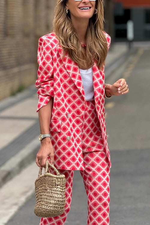 GR | Rosiedress Geometric Print Lapel Double Button Blazer and Flare Trousers Set