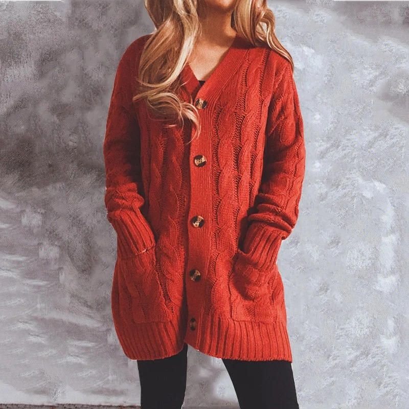 GR | Women's wool cardigan with cable knit pattern and wooden buttons, loose fit
