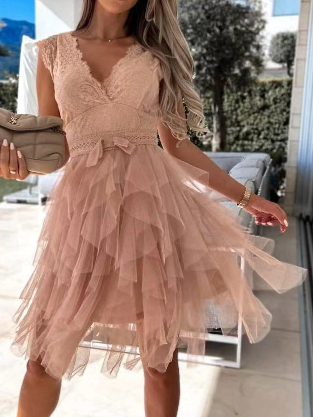 GR | Women's V-neck Lace Mesh Irregular Dress