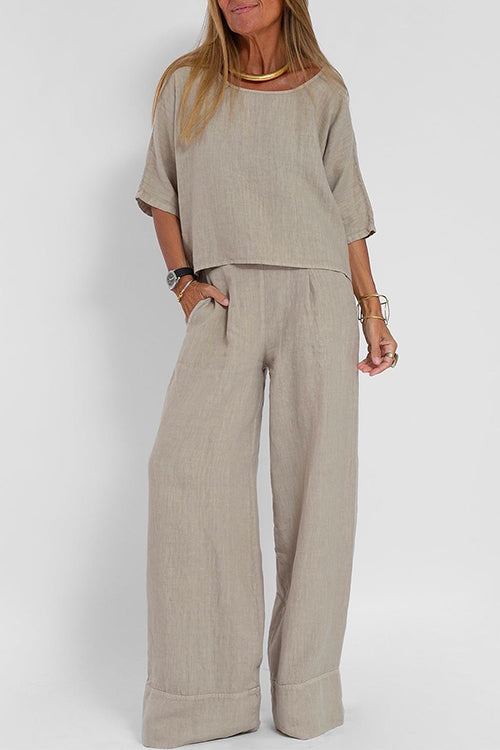 GR | Rosiedress Round Neck 3/4 Sleeve Pullover Wide Leg Trousers Cotton Linen Set