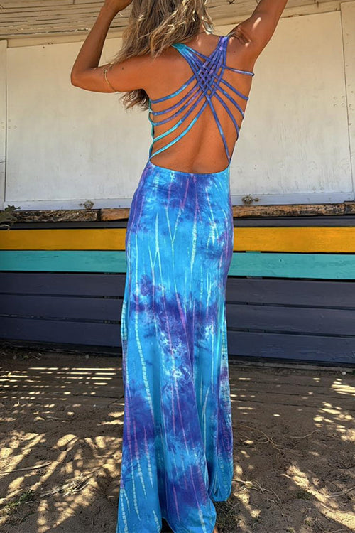 GR | Scoop Neck Backless Criss Cross Tie Dye Maxi Dress