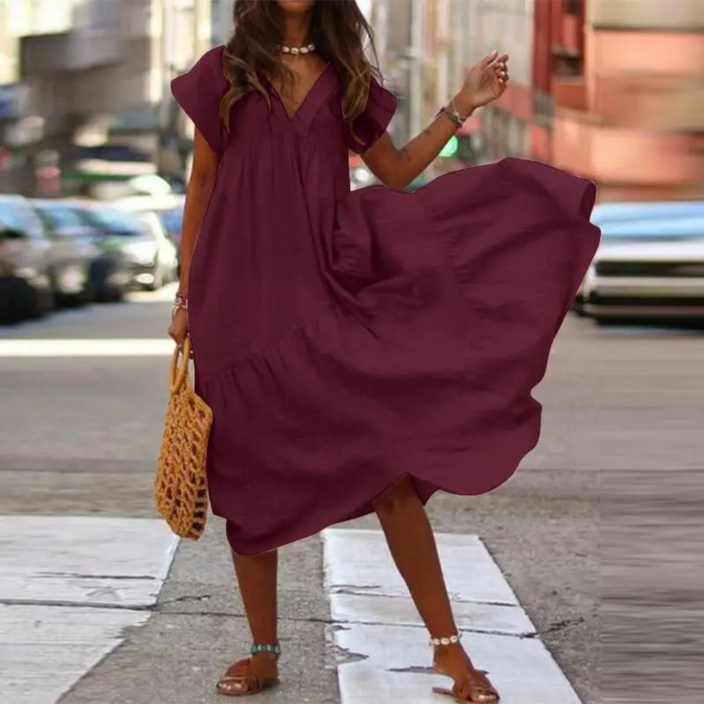 GR – Maxi-style shirt dress with V-neck and ruffles