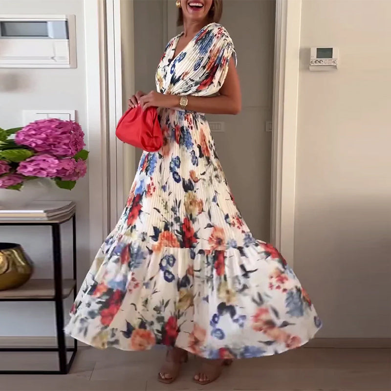 GR | Beautiful Elegant Pleated Dress with Floral Pattern