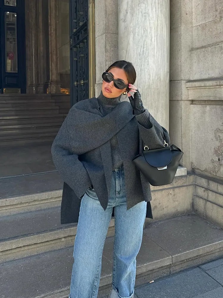 GR | Elegant wool trench coat with scarf set