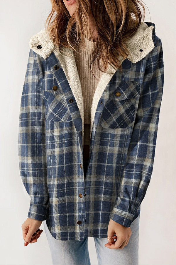 GR | Snap Button Sherpa Fleece Lined Hooded Flannel Jacket