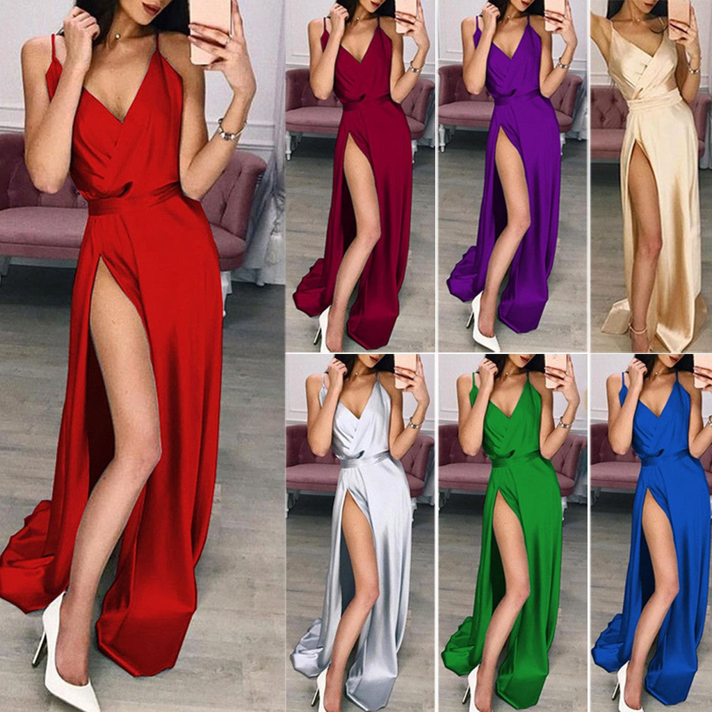 Women's Elegant Satin Evening Dress with High Slit Size