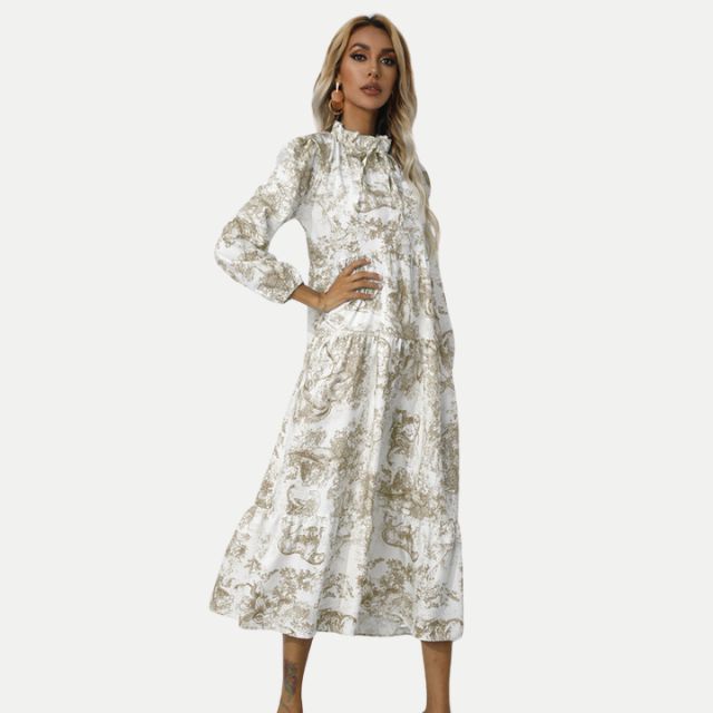 GR | Toile-Druck Midi-Kleid mit hohem Kragen