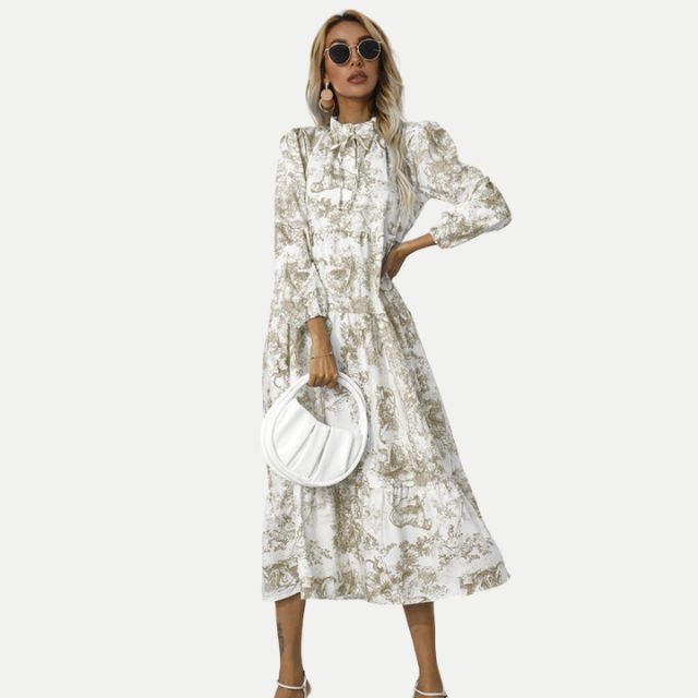 GR | Toile-Druck Midi-Kleid mit hohem Kragen