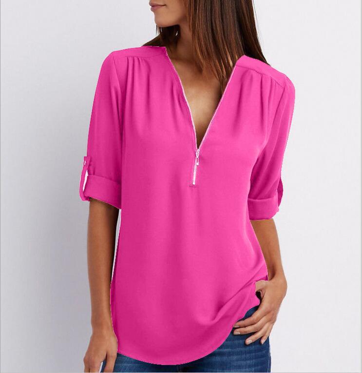 GR Short-sleeved shirt with zipper and V-neck - Loose tops