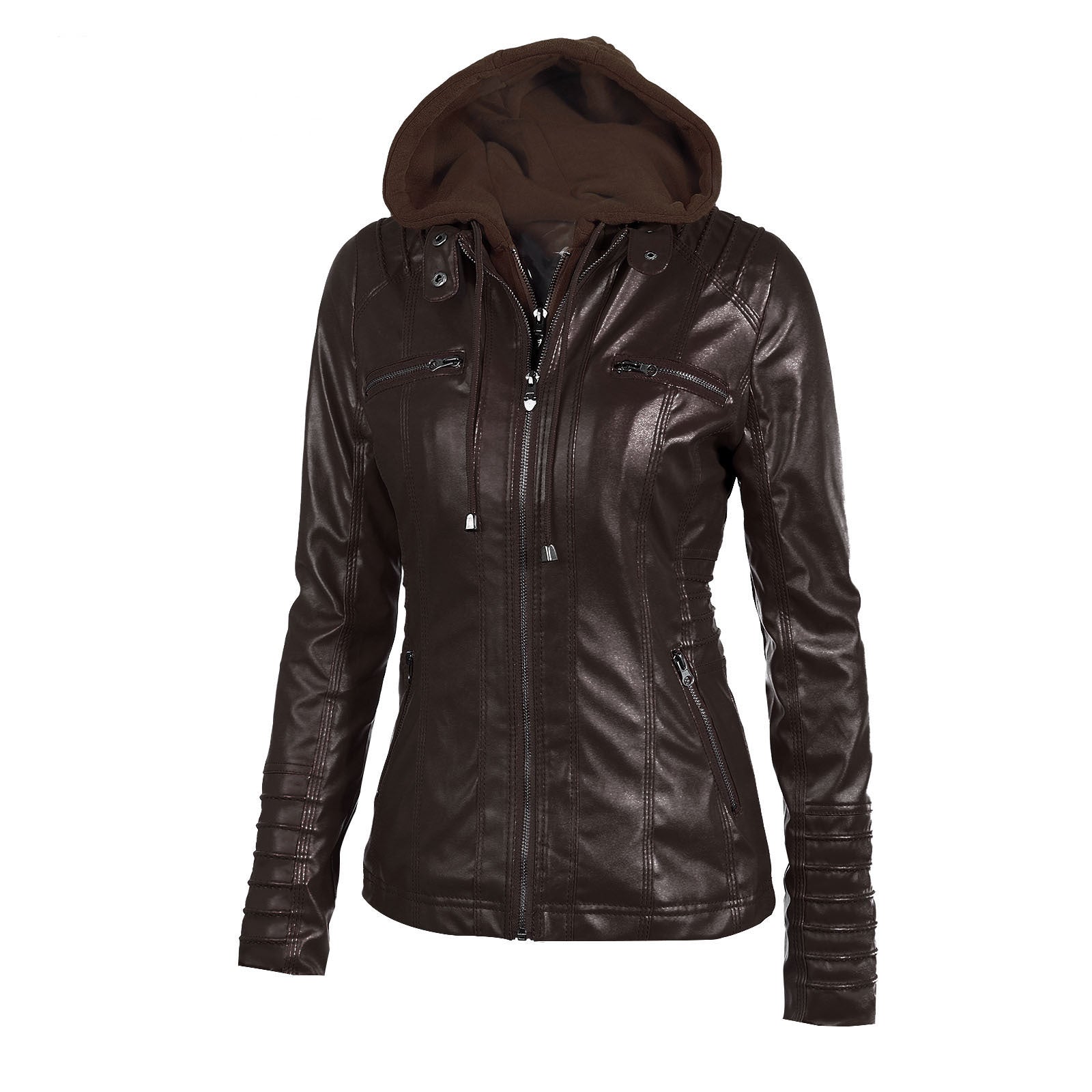 GR | Casual stand-up collar detachable hood PU leather jacket