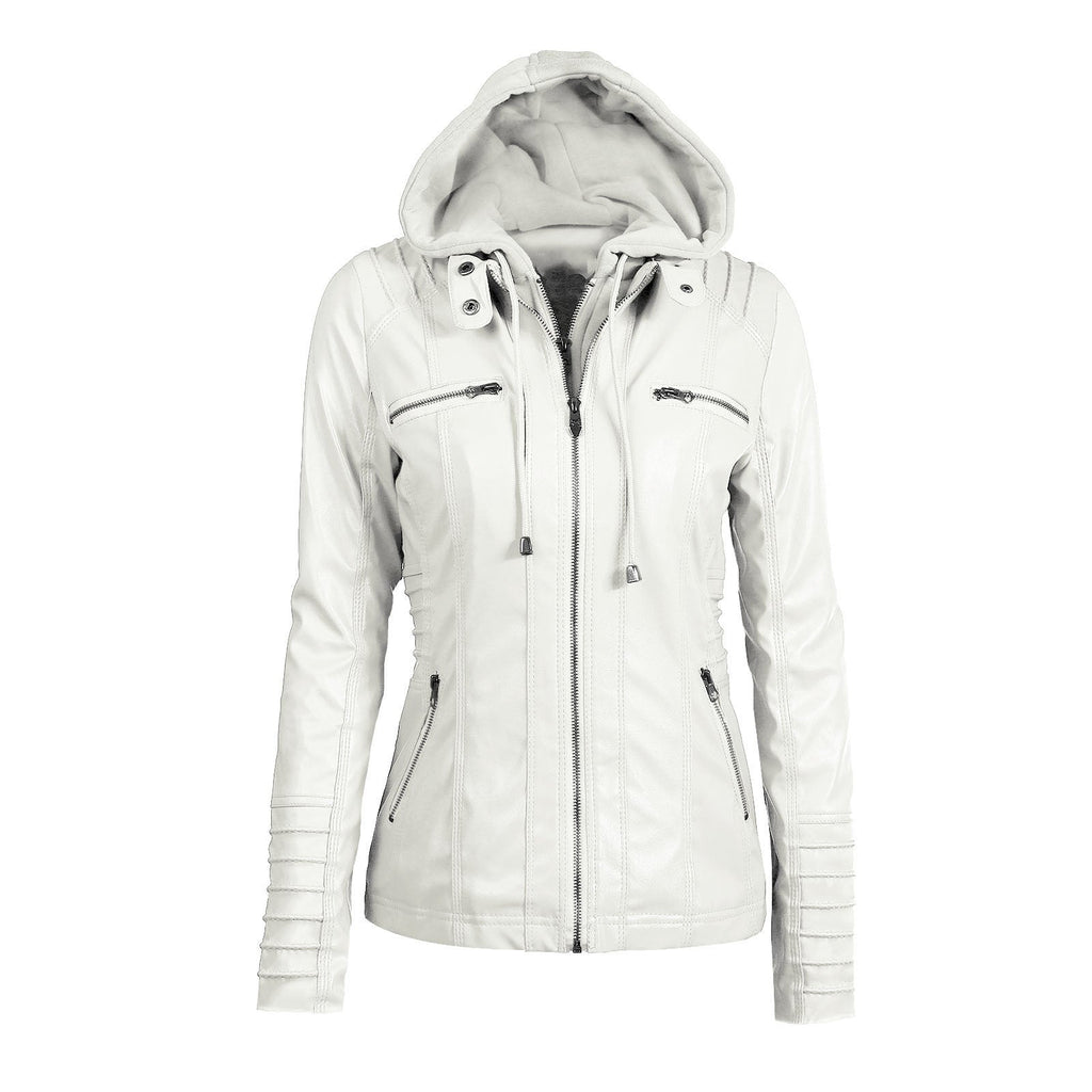 GR | Casual stand-up collar detachable hood PU leather jacket
