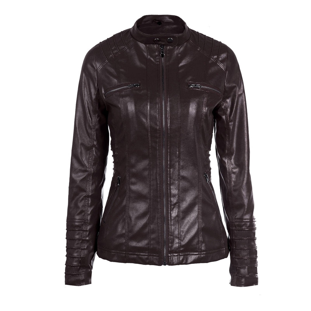 GR | Casual stand-up collar detachable hood PU leather jacket