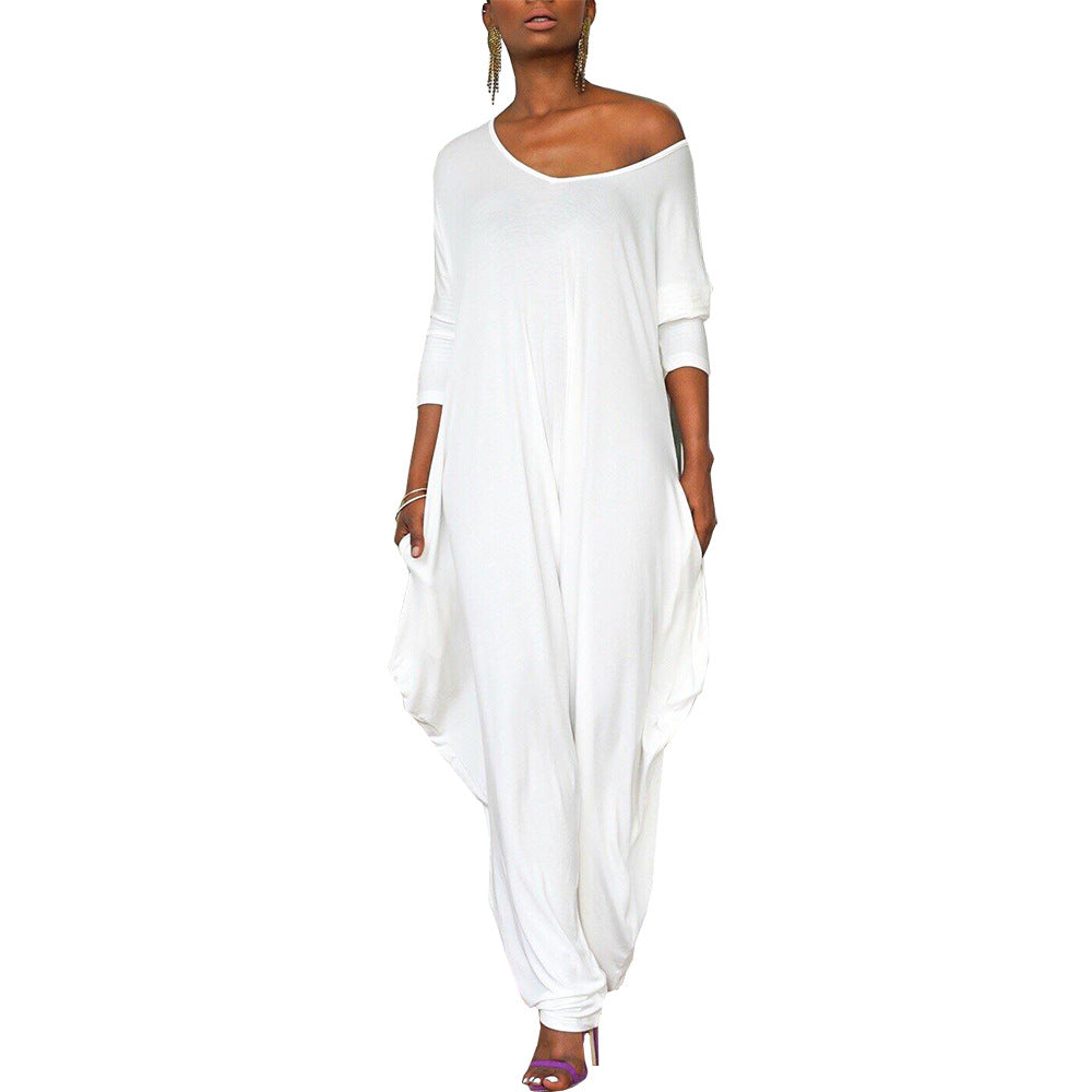 Women's oversized jumpsuit with deep V-neck and relaxed fit, size [size]