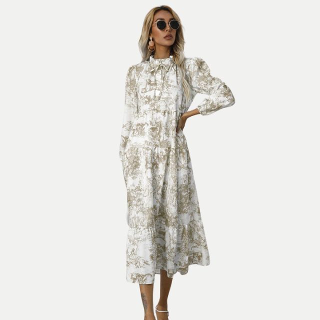 GR | Toile-Druck Midi-Kleid mit hohem Kragen