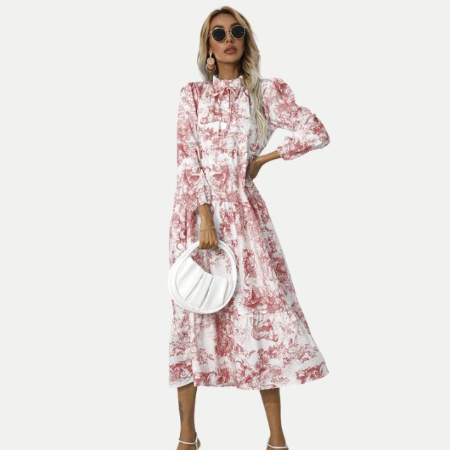 GR | Toile-Druck Midi-Kleid mit hohem Kragen