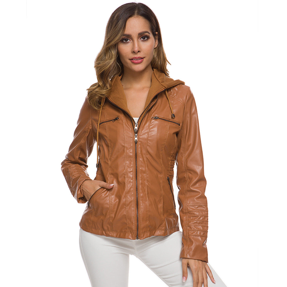 GR | Casual stand-up collar detachable hood PU leather jacket