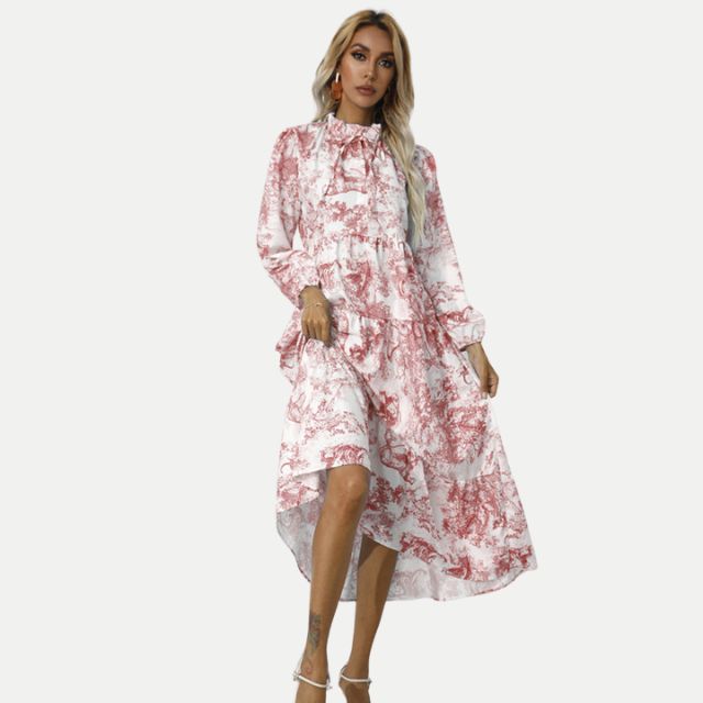 GR | Toile-Druck Midi-Kleid mit hohem Kragen