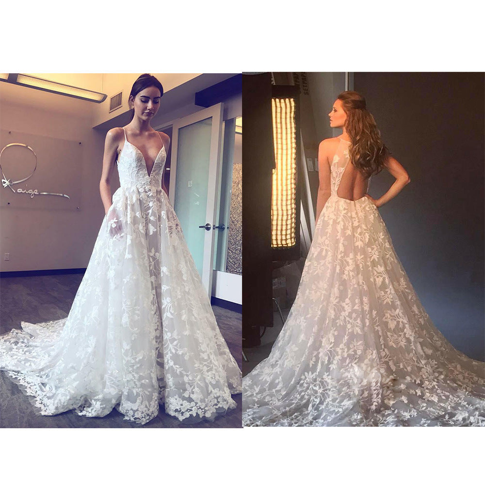Women's wedding dress with deep V-neck and delicate lace, size