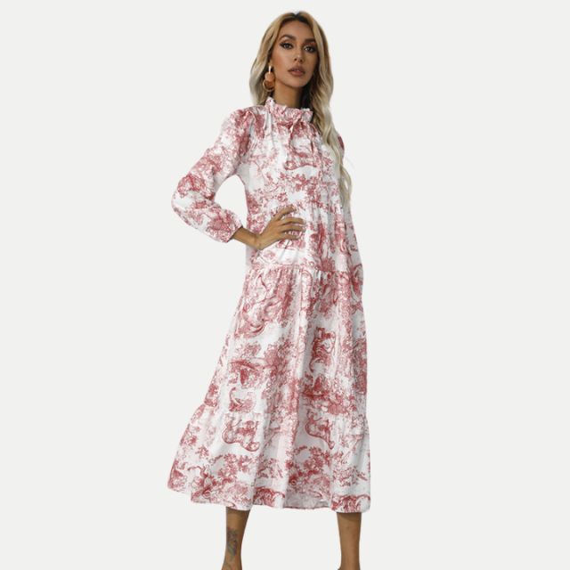 GR | Toile-Druck Midi-Kleid mit hohem Kragen
