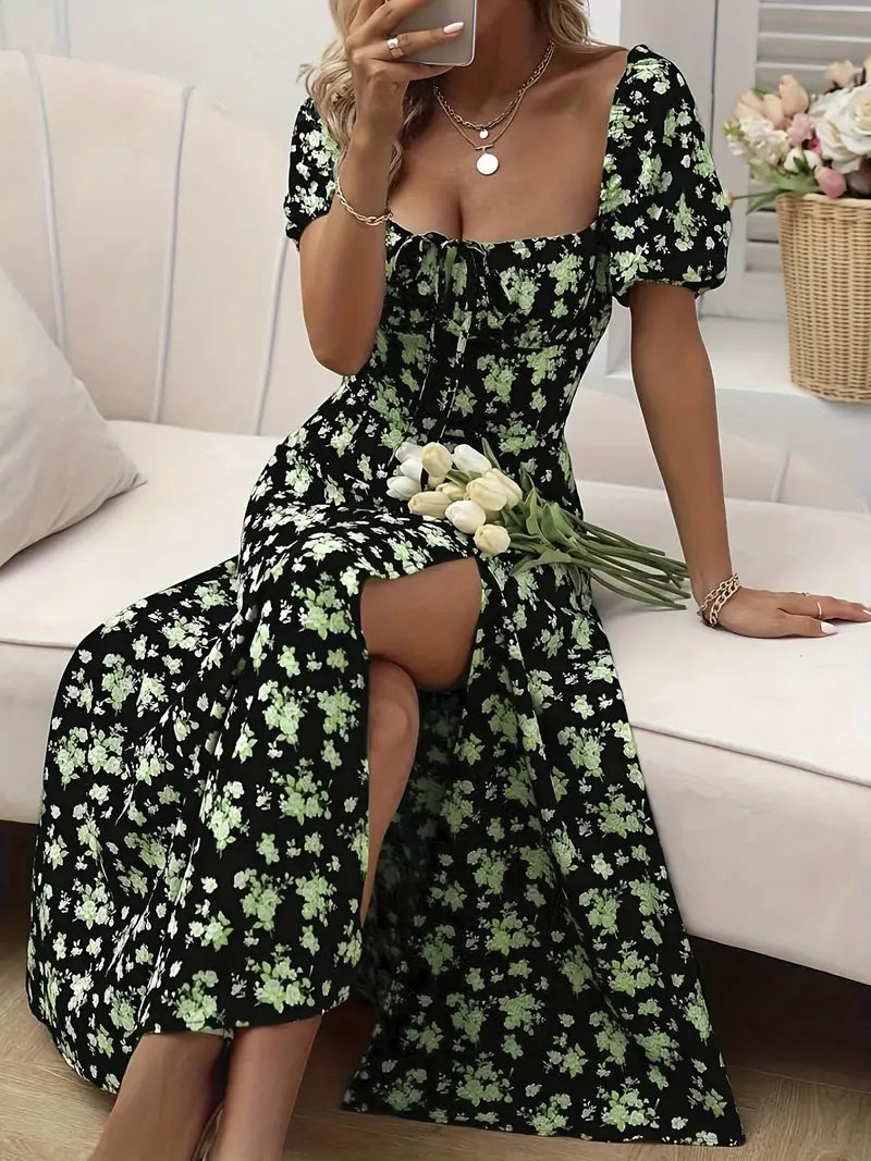 GR | Schickes Kleid mit Puffärmeln Im A-Linien-Stil mit Blumendruck
