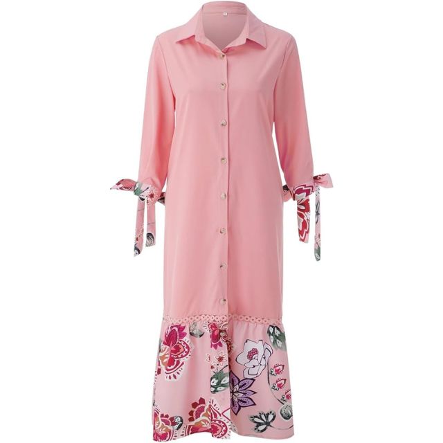 GR | Maxi dress with button placket and floral pattern at the hem