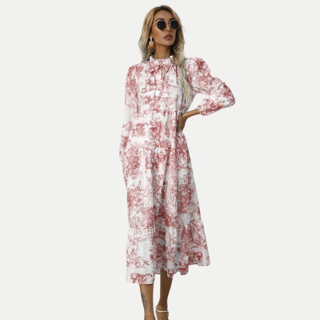 GR | Toile-Druck Midi-Kleid mit hohem Kragen