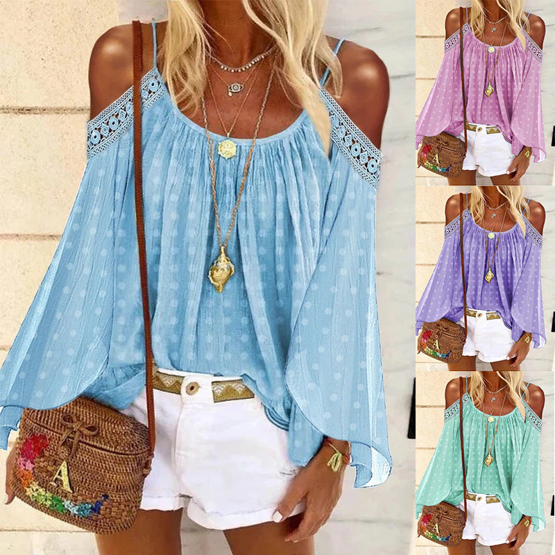 Women's blouse with off-the-shoulder design and ruffles, size