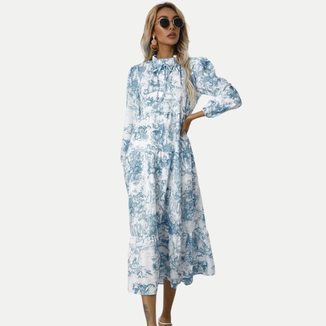 GR | Toile-Druck Midi-Kleid mit hohem Kragen