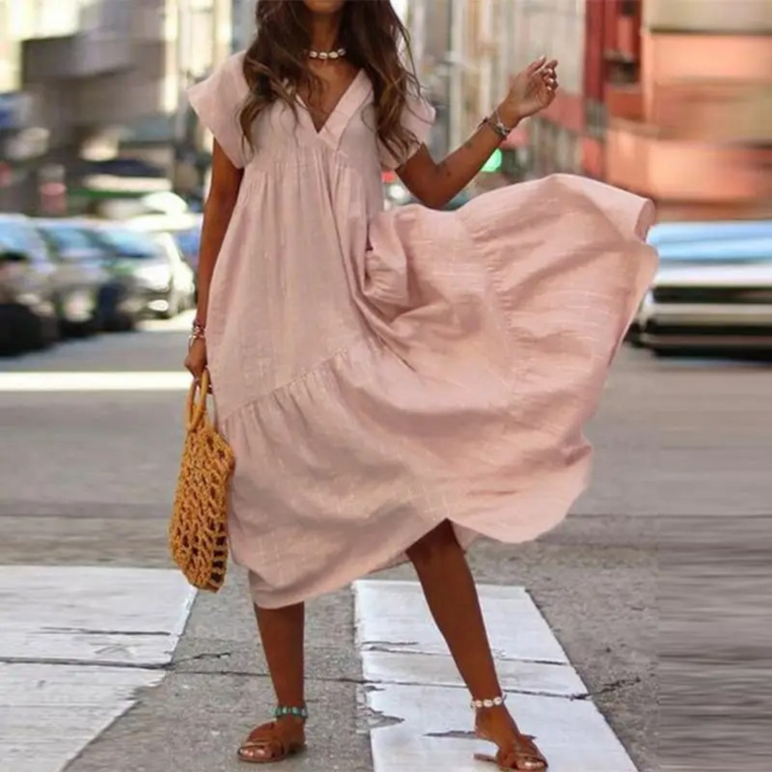 GR – Maxi-style shirt dress with V-neck and ruffles