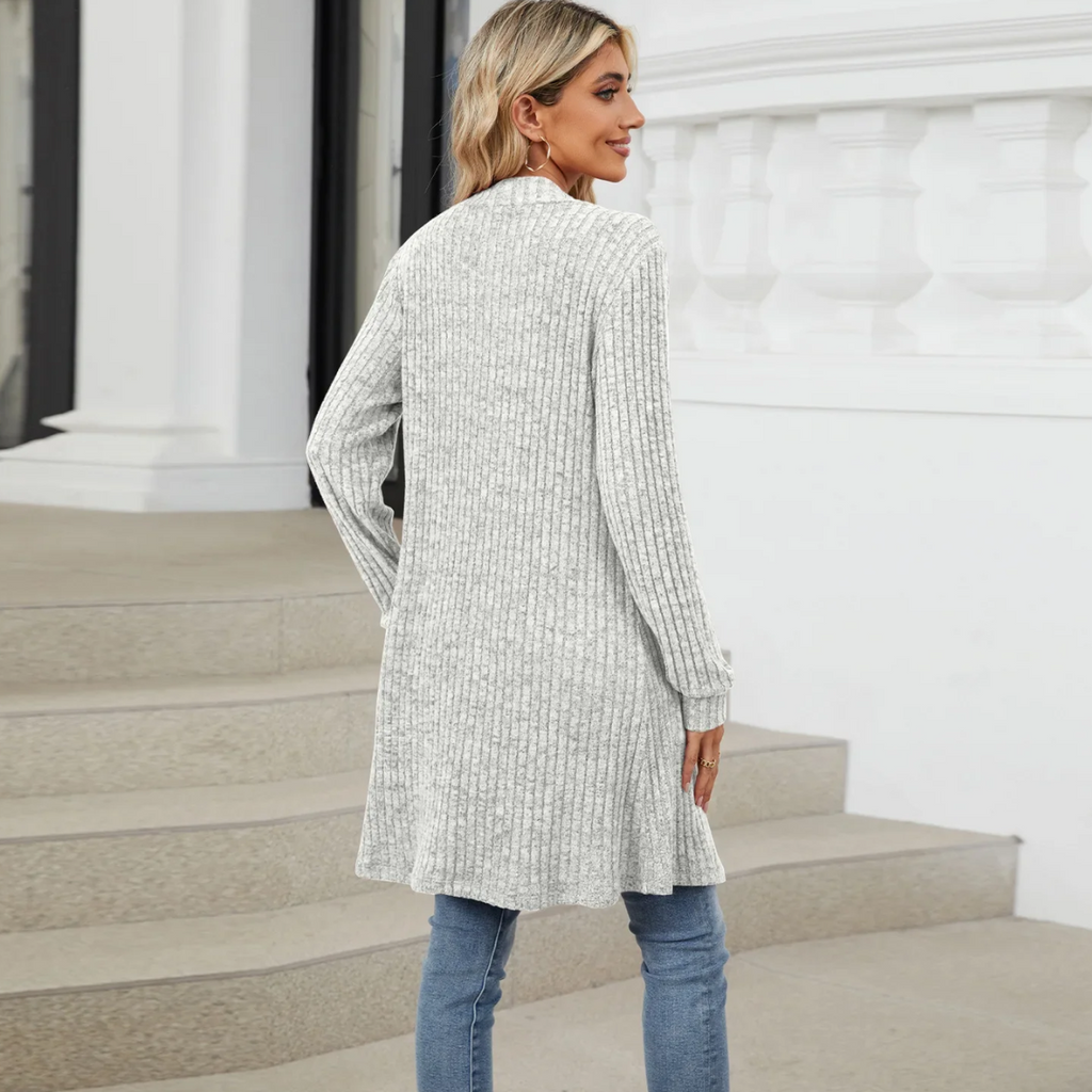 GR | Lange Strickjacken Damen Gerippte Offene Vorderseite Jacke mit Taschen