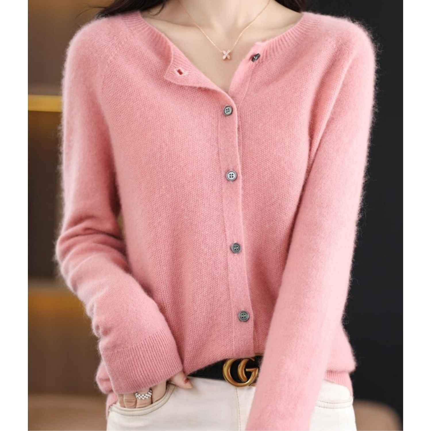 GR | Merino wool women's O-neck cardigan cashmere sweater