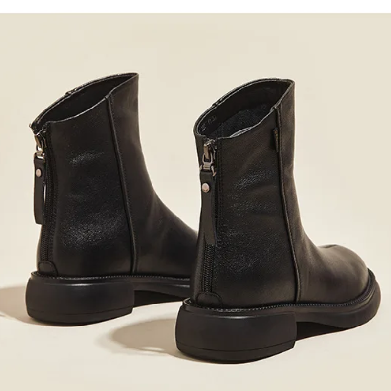 GR | Women's Leather Ankle Boots with Back Zipper and Low Heel