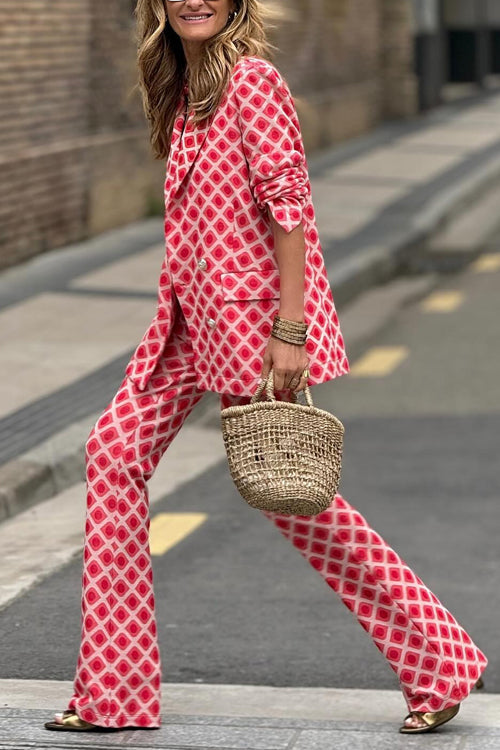 GR | Rosiedress Geometric Print Lapel Double Button Blazer and Flare Trousers Set