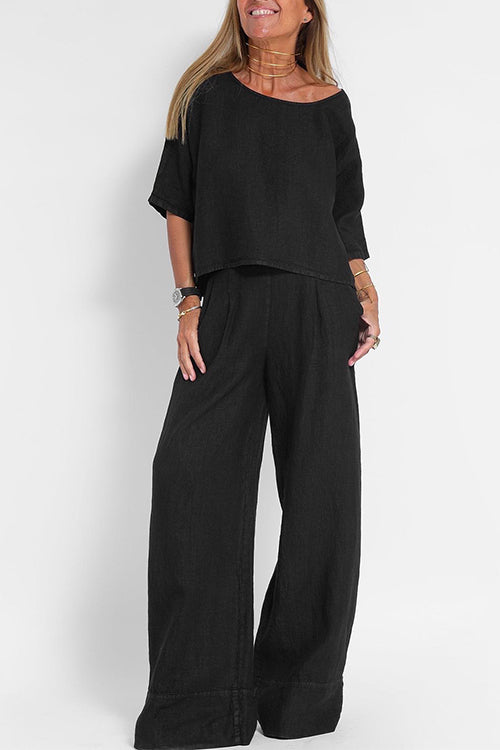 GR | Rosiedress Round Neck 3/4 Sleeve Pullover Wide Leg Trousers Cotton Linen Set