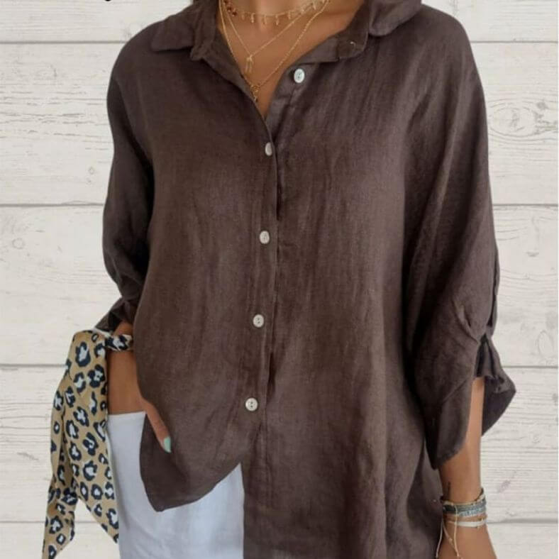 GR | Casual cotton and linen shirt with loop closure for women 