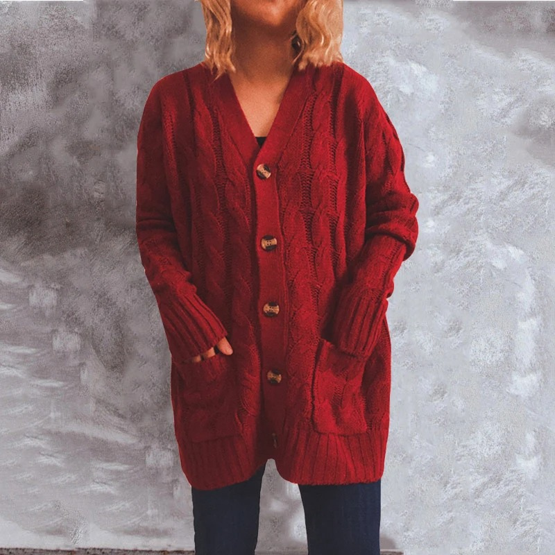 GR | Women's wool cardigan with cable knit pattern and wooden buttons, loose fit