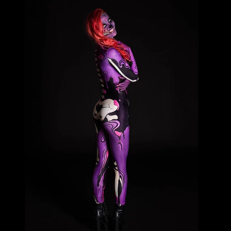 Women's full-body costume with creative skeleton design and vibrant colors, size S