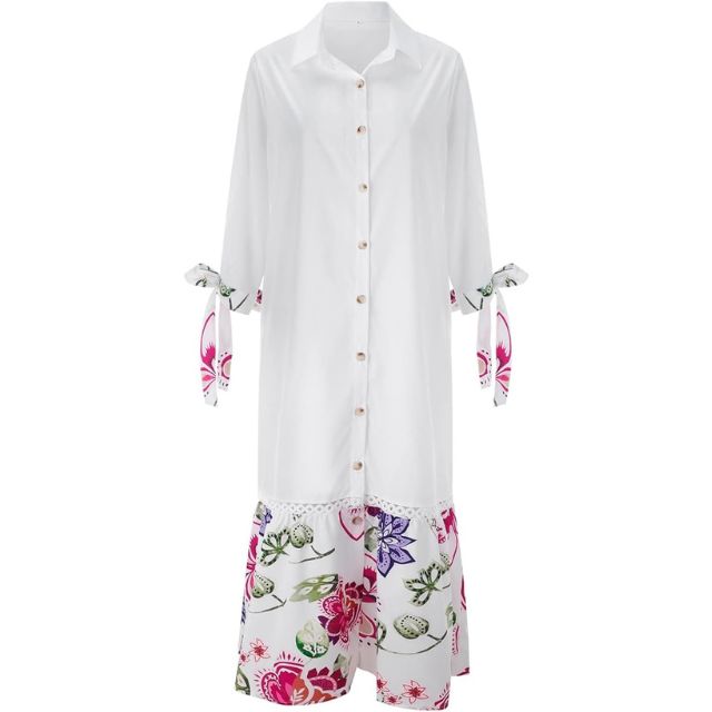 GR | Maxi dress with button placket and floral pattern at the hem