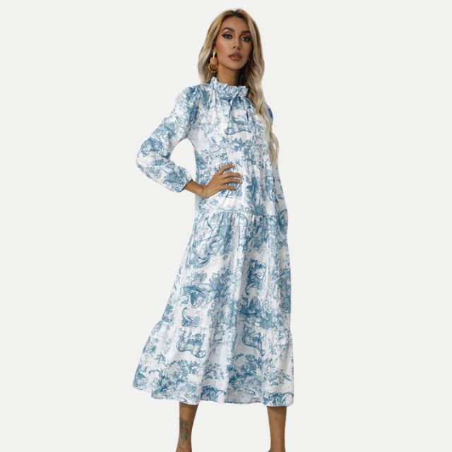 GR | Toile-Druck Midi-Kleid mit hohem Kragen