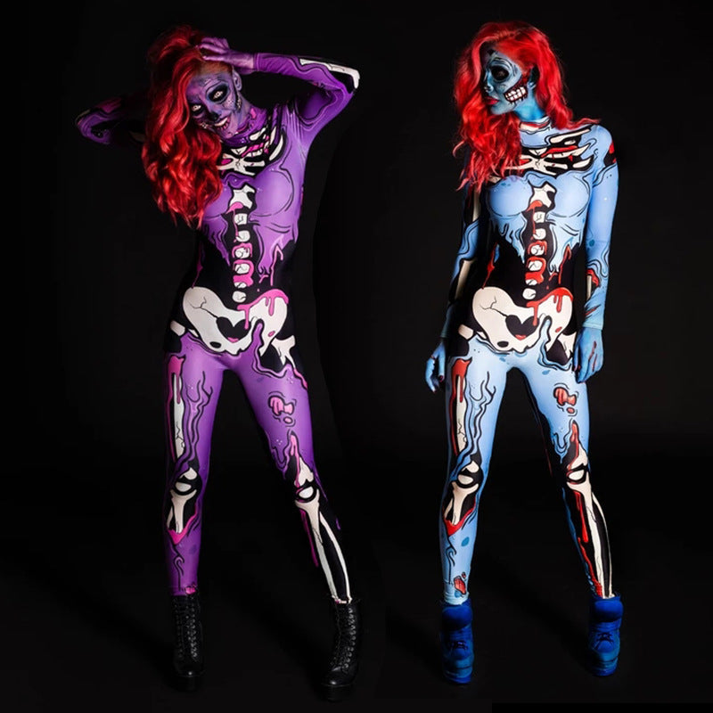 Women's full-body costume with creative skeleton design and vibrant colors, size S