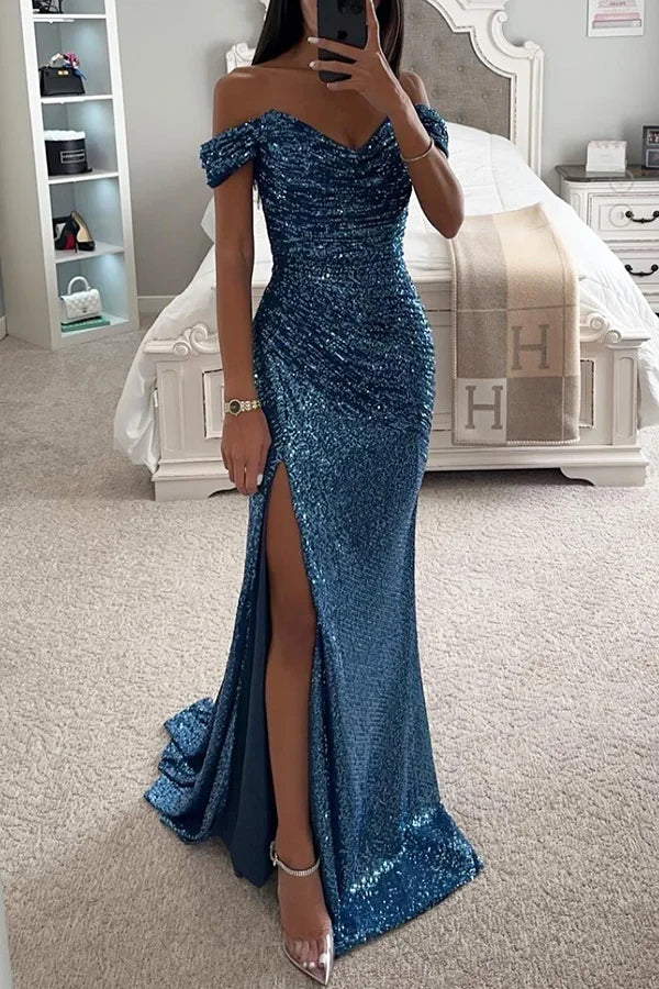 GR | Sequin Off-Shoulder Ruched Slit Evening Maxi Dress 
