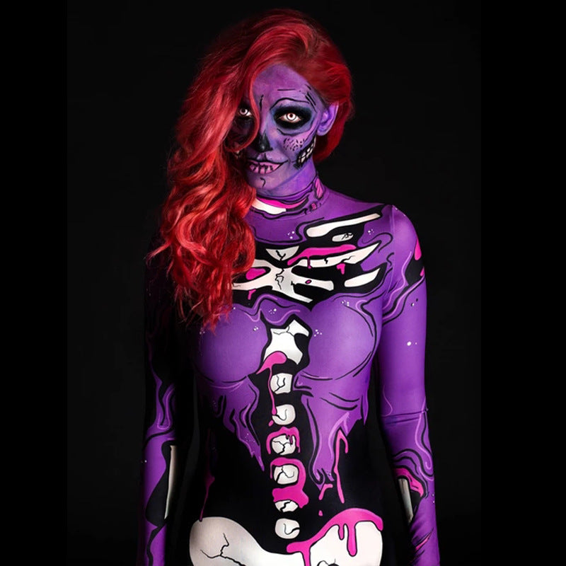 Women's full-body costume with creative skeleton design and vibrant colors, size S