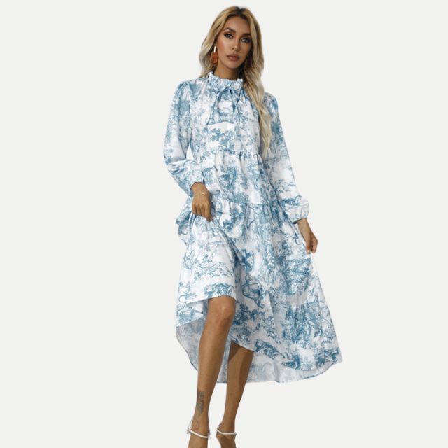 GR | Toile-Druck Midi-Kleid mit hohem Kragen