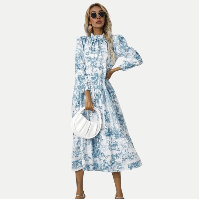 GR | Toile-Druck Midi-Kleid mit hohem Kragen