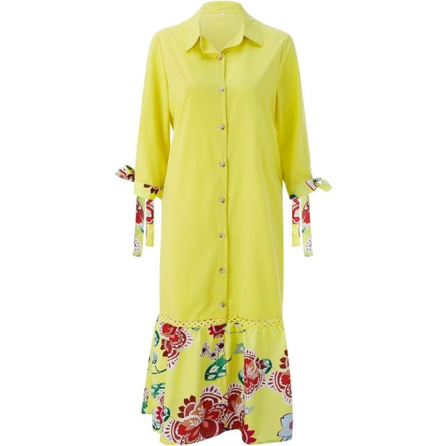 GR | Maxi dress with button placket and floral pattern at the hem