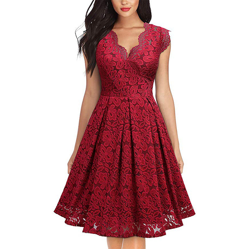 Women's lace dress with V-neck and flared skirt, size